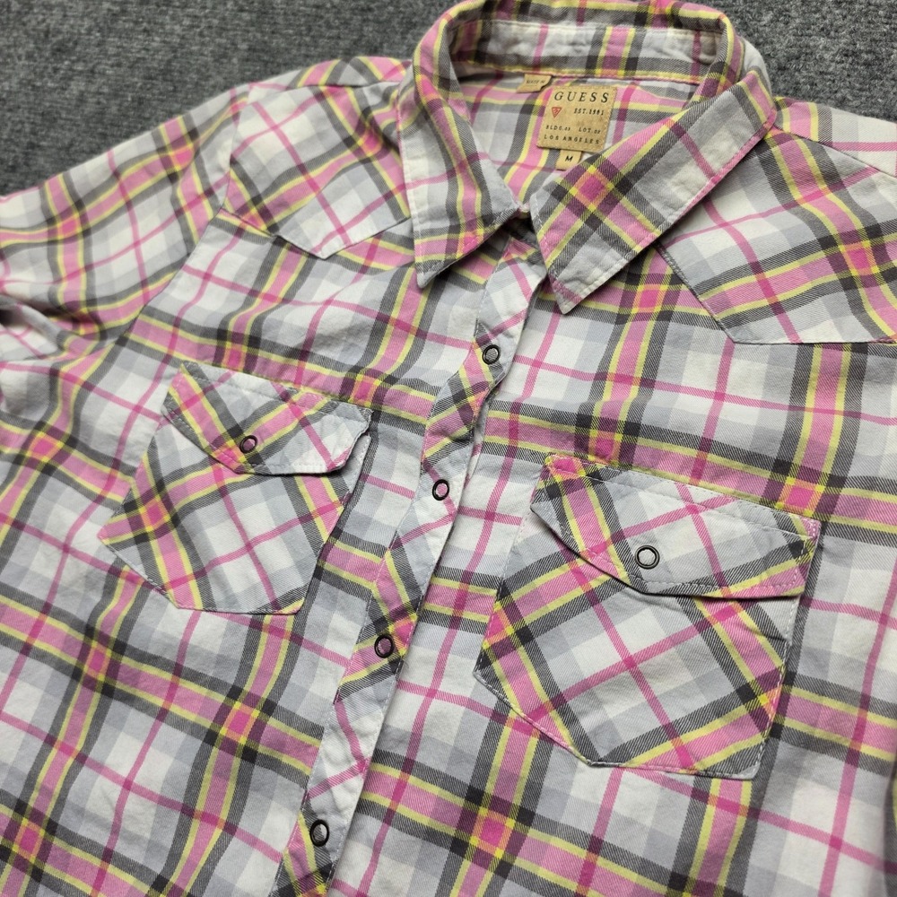 GUESS Womens Medium Plaid Pearl Snap Western Shirt Pink Yellow Grey Long Sleeve